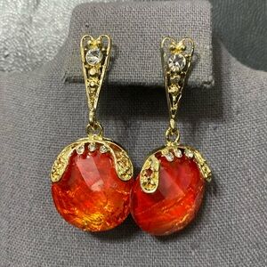 Vintage Gold tone, acrylic orange & rhinestone pierced dangling pierced Earrings